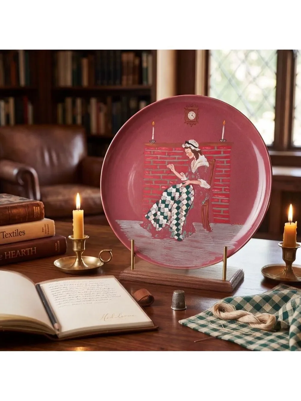 Large Vtg Hand Painted Folk Art Serving Tray Plate Colonial Woman Fireplace 13